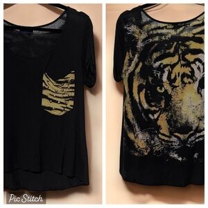 👚2/$10👗3/$12 The Clas-sic Black Tiger Back Graphic Print Gold Stud Pocket Tee